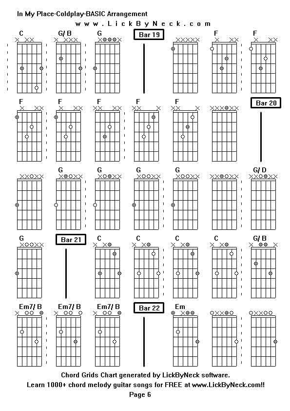 Chord Grids Chart of chord melody fingerstyle guitar song-In My Place-Coldplay-BASIC Arrangement,generated by LickByNeck software.